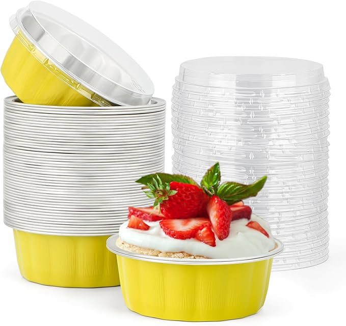 Beasea Aluminum Cups for Baking, 8oz 50 Pack Disposable Ramekins with Lids, Lemon Yellow Aluminum