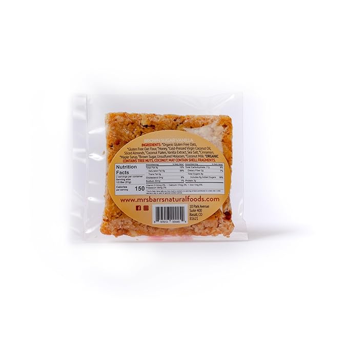 Mrs. Barr’s Natural Foods Granola Bars | Brown Sugar Vanilla | Certified Organic Gluten Free Oats |