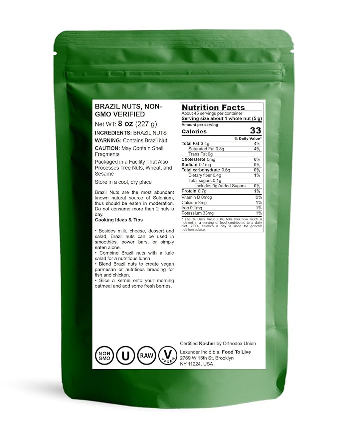 Food to Live Brazil Nuts, 8 Ounces Non-GMO Verified, Raw, Whole, No Shell, Unsalted, Kosher, Vegan