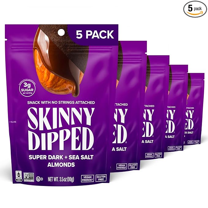 SkinnyDipped Super Dark Chocolate + Sea Salt Almonds, Vegan, Healthy Snack, Plant Protein, Gluten