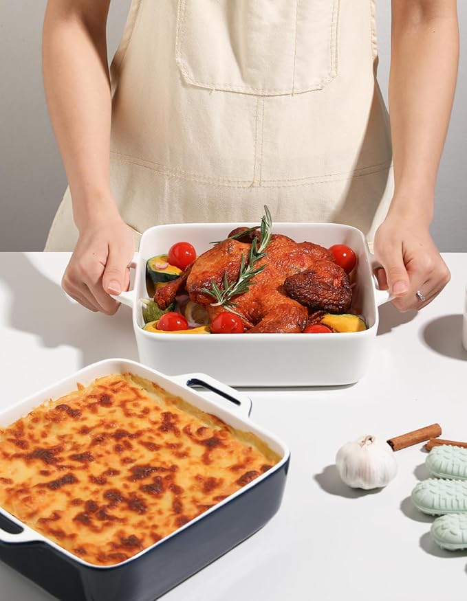 Sweejar 8x8 Baking Pan,Ceramic Casserole Dishes for Oven with Double Handlesï¼? QT Square Cake