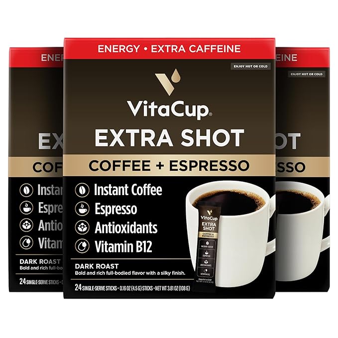 VitaCup Extra Shot Instant Coffee Packets with Espresso Shot, “Red Eye” High Caffeine, Bold Dark
