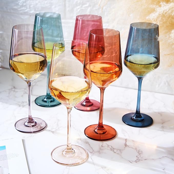 Colored Crystal Wine Glasses - Water & Wine 12oz | Set of 6 | Cute Pastel Muted Crystal Cocktail
