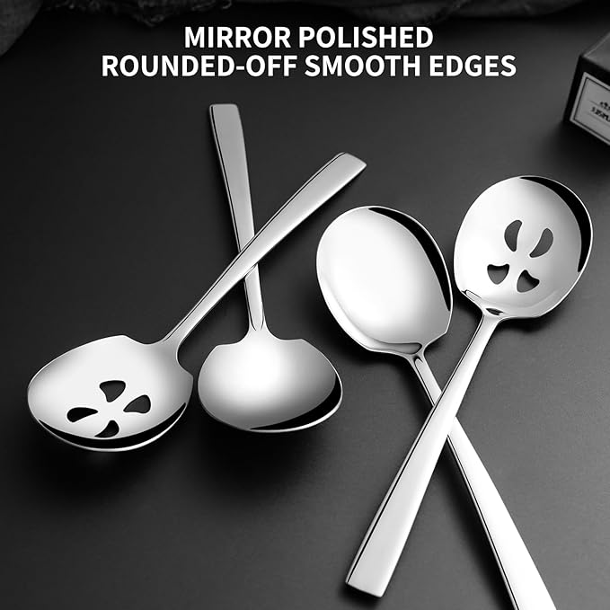 4 Piece Stainless Steel Serving Spoons Set - 2 Large, 2 Slotted, 9.2-Inch, Dishwasher Safe, for