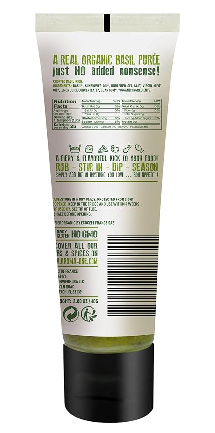 Aroma One Basil Puree Paste - Organic Herb Concentrate for Cooking, Seasoning & Sauces - Fresh