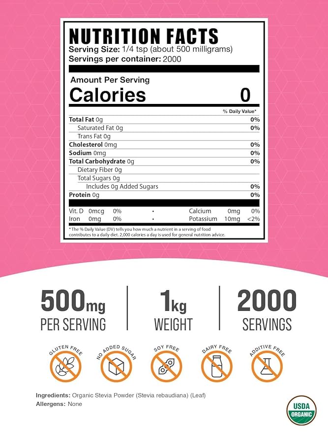 BulkSupplements.com Organic Stevia Powder - Pure Sweetener, Sourced from Stevia Leaves, Herbal
