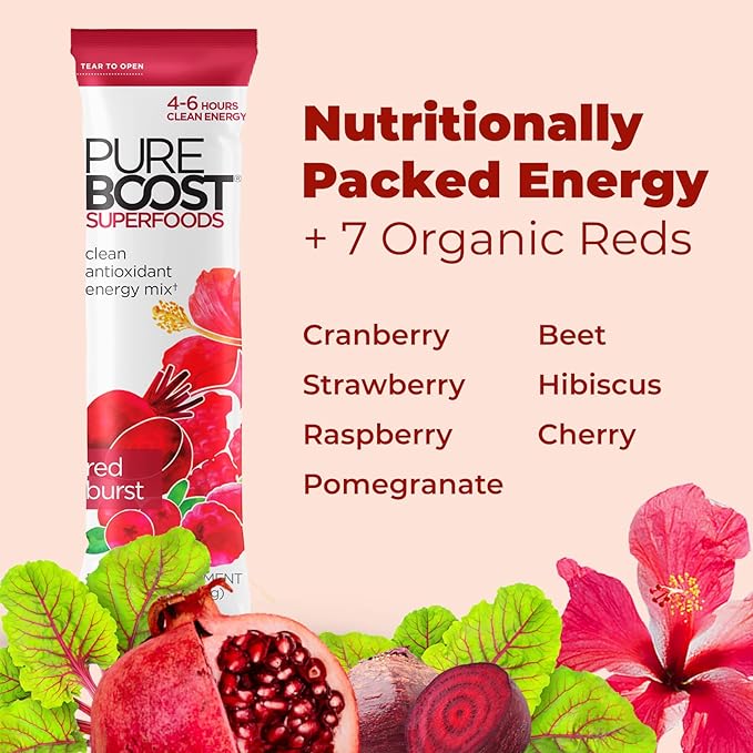 Pureboost Superfoods Clean Energy Booster, Refreshing Energy Drink Mix with 7 Organic Red