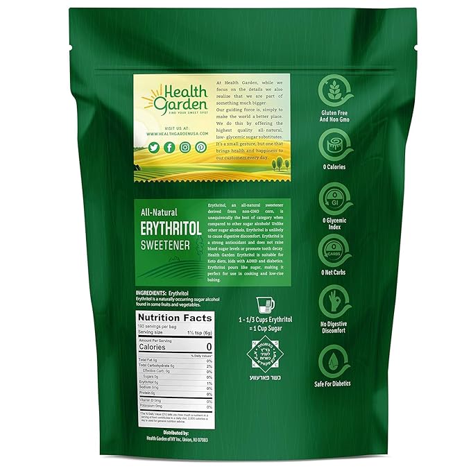 Health Garden Erythritol Sugar Free Sweetener - All Natural - Non GMO - Kosher- Keto Friendly (48