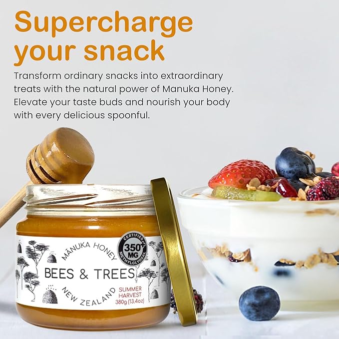 Bees & Trees Manuka Honey 350+ MGO – Pure New Zealand Raw Monofloral Honey – Unpasteurized &
