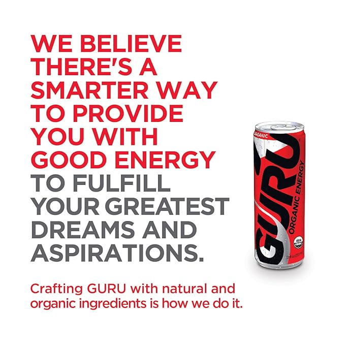 GURU Original Organic Energy Drinks, Clean Energy Drink with Plant Based Natural Caffeine from