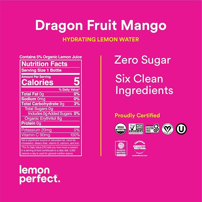 Lemon Perfect, Hydrating Organic Lemon Water, Zero Sugar, Flavored Water, Squeezed from Real Fruit