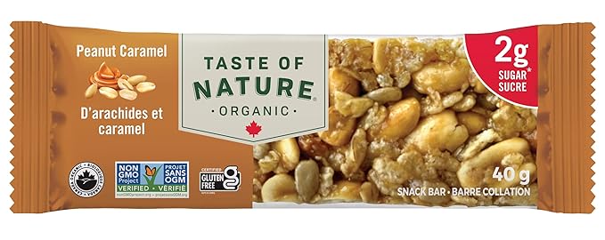 Taste of Nature - Organic 2g Sugar Peanut Caramel - Low Sugar Snack and Breakfast Bar, High Fiber