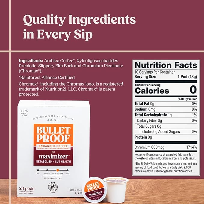 Bulletproof The Maximizer Single-Serve Coffee Pods, 24 Count, Clean Coffee with Prebiotics for