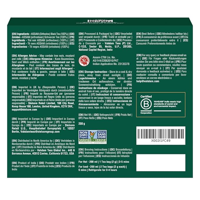 VAHDAM, Assam Exotic Black Tea Bags (100 Count) High Caffeine, Gluten Free, Full Bodied | Pyramid