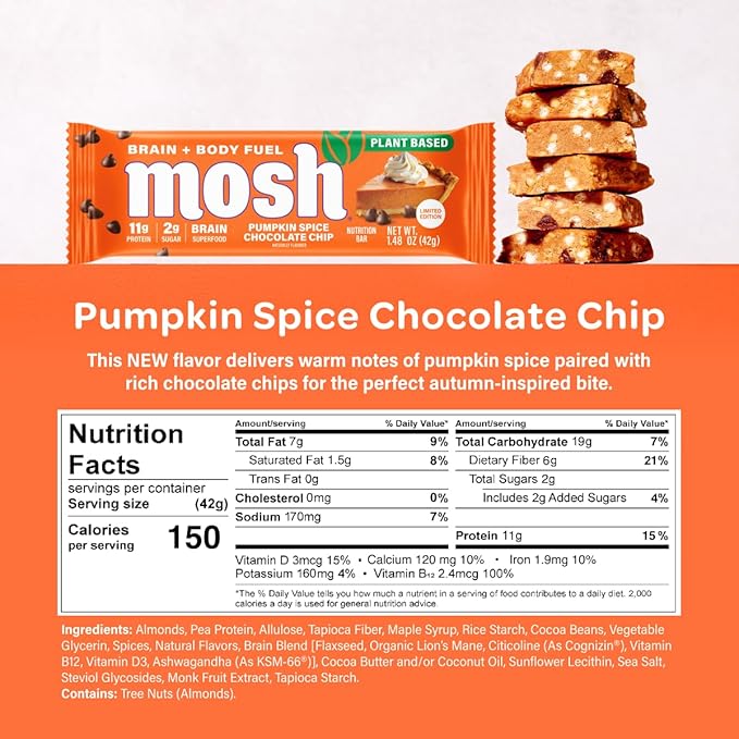 MOSH Peanut Chocolate Chip Vegan Protein Bars, Plant Based, Keto, Gluten Free, Brain Healthy Snack