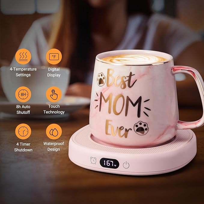 Coffee Mug Warmer & Best MOM Ever Mug Set, Electric Cup Warmer for Desk Office Home, Beverage