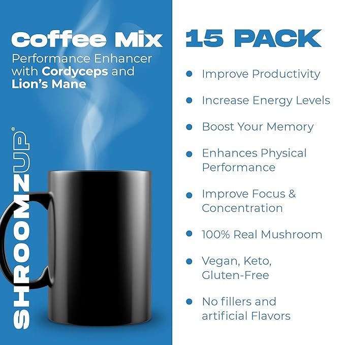 ShroomzUp Instant Mushroom Coffee 15 Pack - Cordyceps & Lion's Mane - Nootropic Mushroom Coffee for