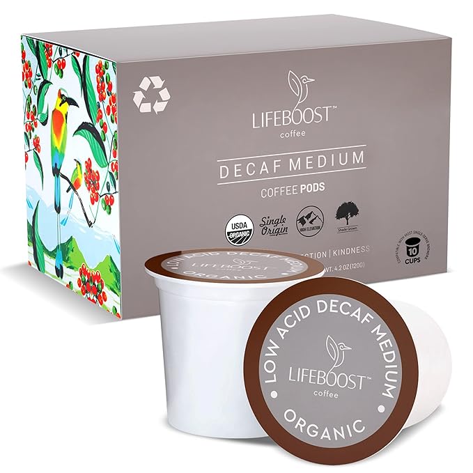 Lifeboost Organic Decaf Coffee K Cups - Low Acid Single Origin Non-GMO Mold Free Decaf Coffee Pods