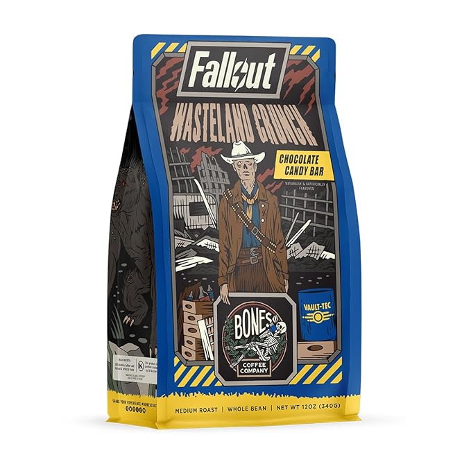 Bones Coffee Company Fallout Wasteland Crunch,Chocolate Candy Bar Flavored Coffee, Medium Roast Low