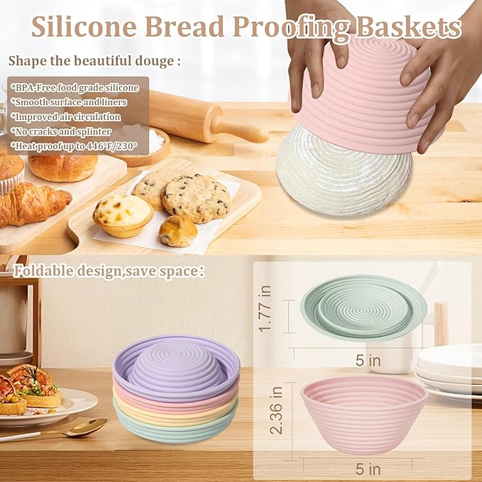 4Pcs Mini Silicone Bread Proofing Baskets, 5" Sourdough Banneton Proofing Basket Baskets, Non-Stick