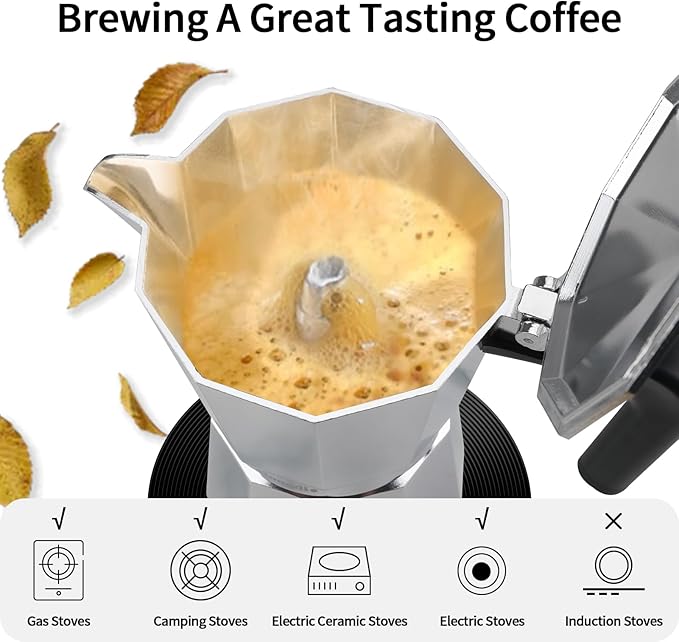 Mongdio Stovetop Espresso Maker Moka Pot, Stove Top Cuban Coffee Maker, Italian Greca Mocha Pot, 12