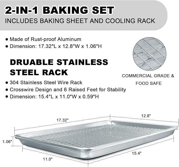 Half Sheet Pans with Rack Set, 18 Inch Commercial Quality Baking Sheet Pan Set, Natural Aluminum