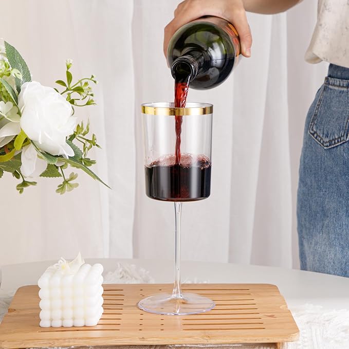 Ciaell 12 Pack Plastic Wine Glasses - 14 Oz Plastic Wine Glasses with Stem - Square Gold Disposable