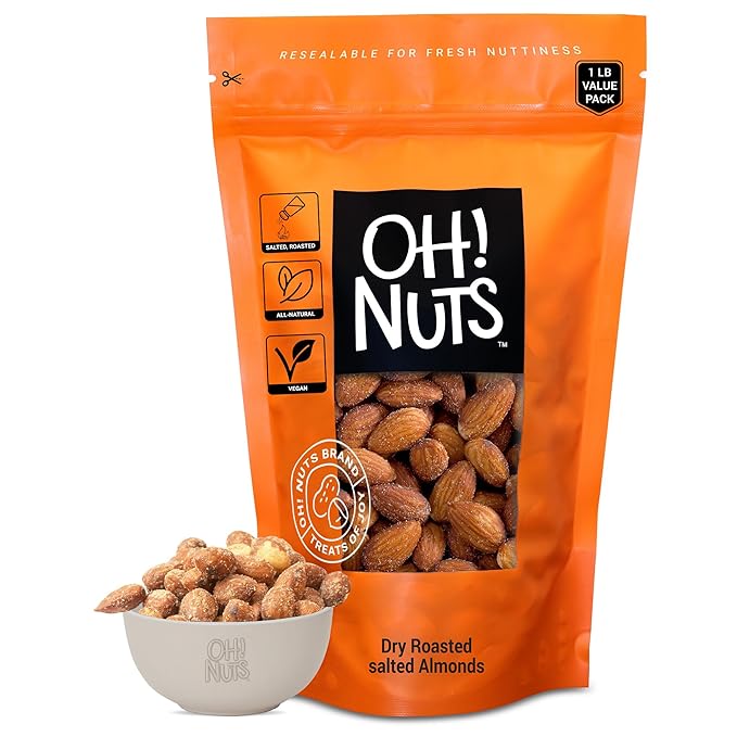 Oh! Nuts Almonds - Dry Roasted Salted - 1 lb - Freshly Oven Roasted and Salted Almonds - Packed in