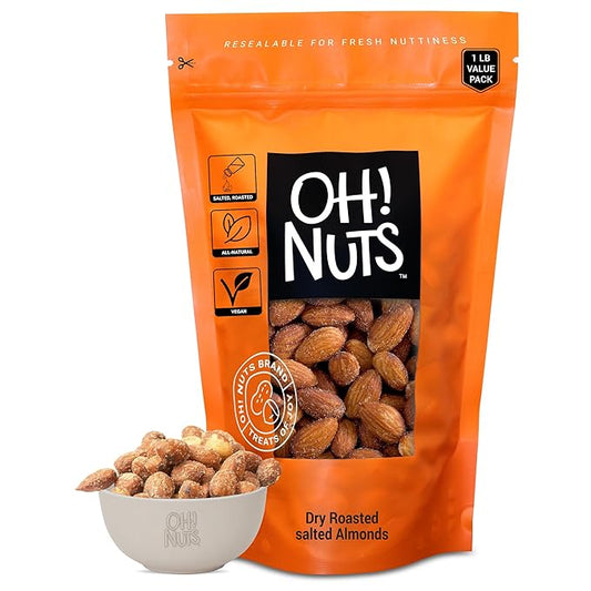 Oh! Nuts Almonds - Dry Roasted Salted - 1 lb - Freshly Oven Roasted and Salted Almonds - Packed in
