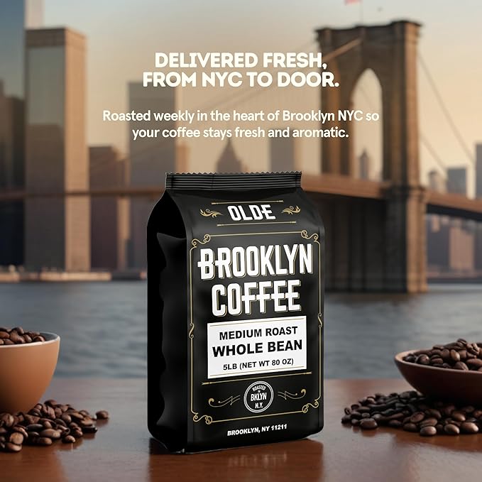 BROOKLYN COFFEE Whole Bean, Classic Medium Roast (5lb) Balanced, Smooth, Mellow - Fresh Bulk Coffee