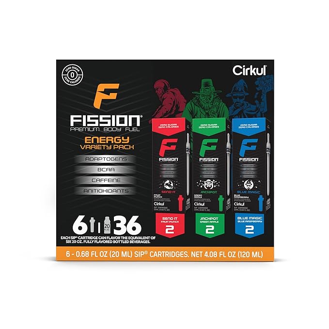 Cirkul Fission Flavor Cartridge Variety Pack with Caffeine, 6-Pack (2 Send It, 2 Jackpot, 2 Blue