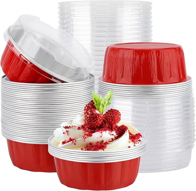 EUSOAR Cake Container, 50pcs 9oz Red Aluminum Pan Carrier with Lid, Disposable Foil Ramekins Oven
