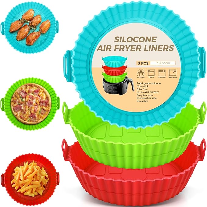 Buauty 3 Pack Air Fryer Silicone Liners 8inch Air Fryer Silicone Pot Reusable Food Grade Silicone