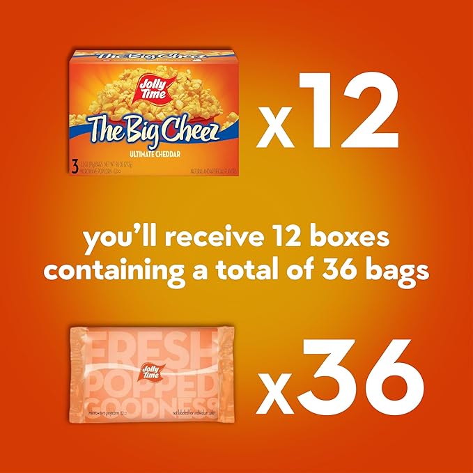 Jolly Time The Big Cheez, Cheddar Cheese Microwave Popcorn, 3.2oz Sharing Bag, 3 Bags Per Carton