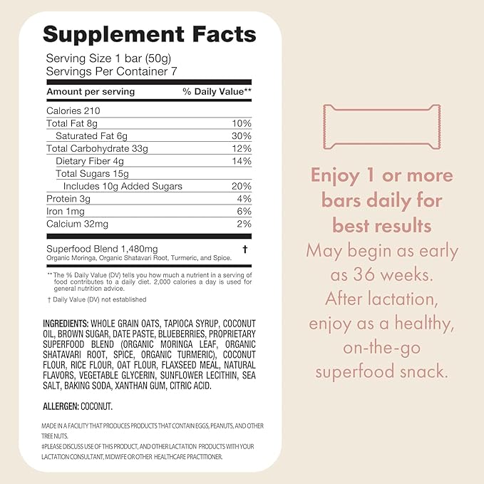 Boobie Bar Superfood Blueberry Muffin Lactation Bar for Breastfeeding Moms to Increase Milk Supply