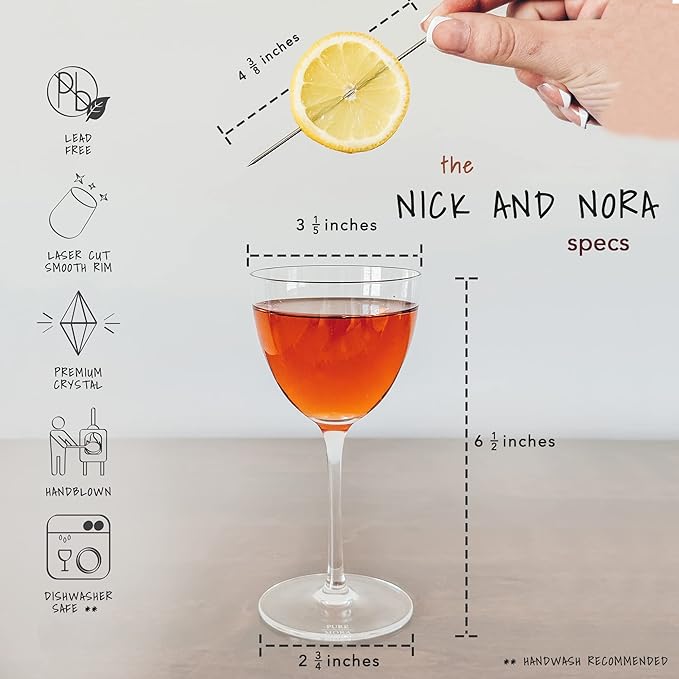 PURE MORA Nick and Nora Glasses, Set of 4-6oz - Smaller Cocktail Glass for Bijou, Old Pal