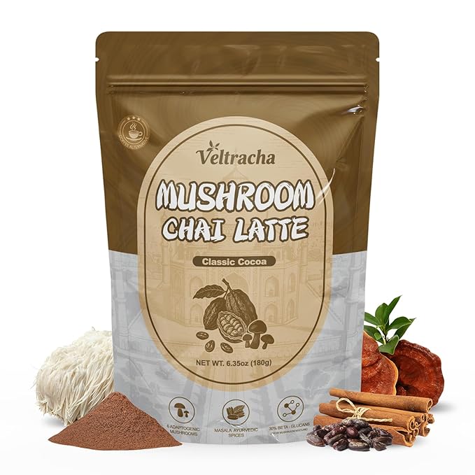 Veltracha Mushroom Chai Tea, Instant Chai Tea Powder with 6 Adaptogenic Mushrooms, Spiced Chai