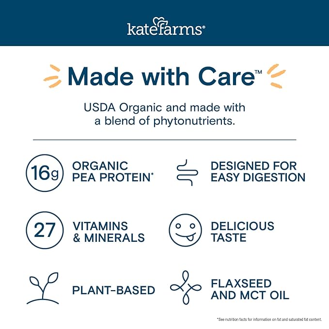 KATE FARMS Organic Nutrition Shake, Chocolate, 16g Protein, 27 Vitamins and Minerals, Protein Meal