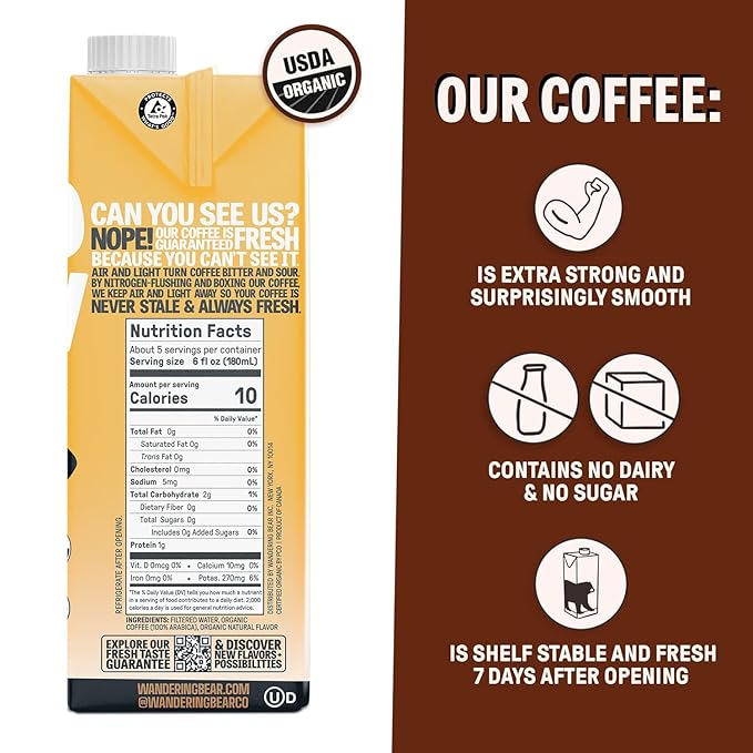 Wandering Bear Organic Caramel Cold Brew Coffee, 32 fl oz, 6 pack - Extra Strong, Bold, Smooth