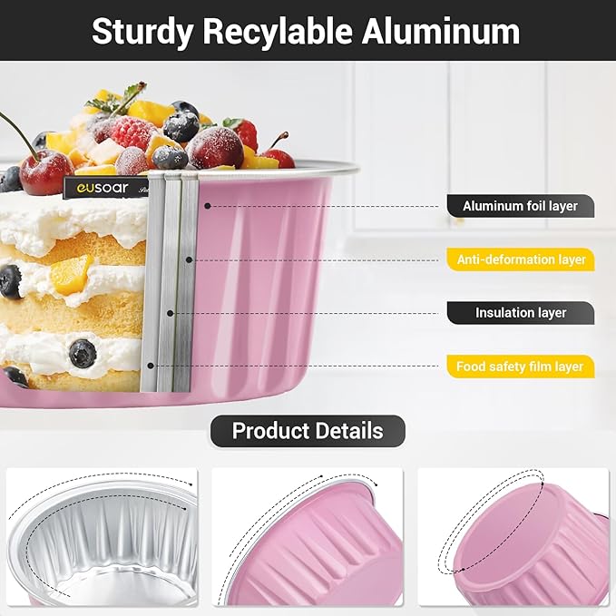EUSOAR Baking Cups with Lids, Pink 25Packs 5oz Disposable Aluminum Foil Mini Muffin Liners, Dessert