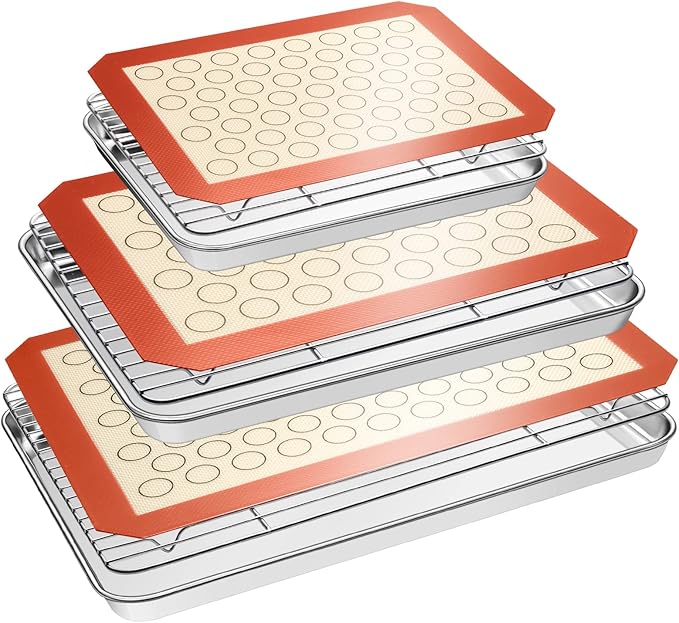 EWFEN Baking Set: Stainless Steel Sheet Pan with Cooling Rack & Silicone Mat Set, Multi-Size (3