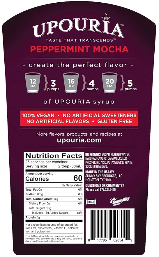 Upouria Peppermint Mocha Coffee Syrup Flavoring, 100% Vegan, Gluten-Free, Kosher, 750 mL Bottle
