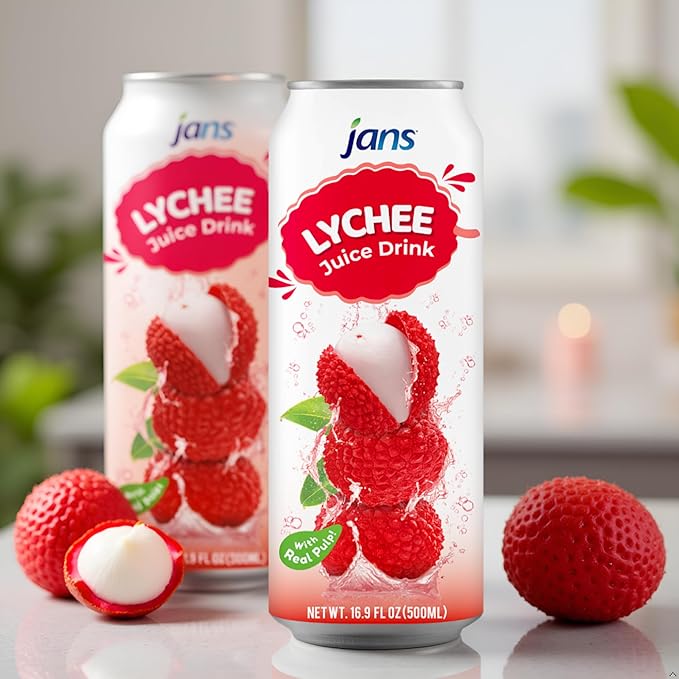 Jans Tropical Lychee Juice Drink with 100% Real Lychee Jelly (12-Pack,16.9 Fl Oz Canned) - Superior