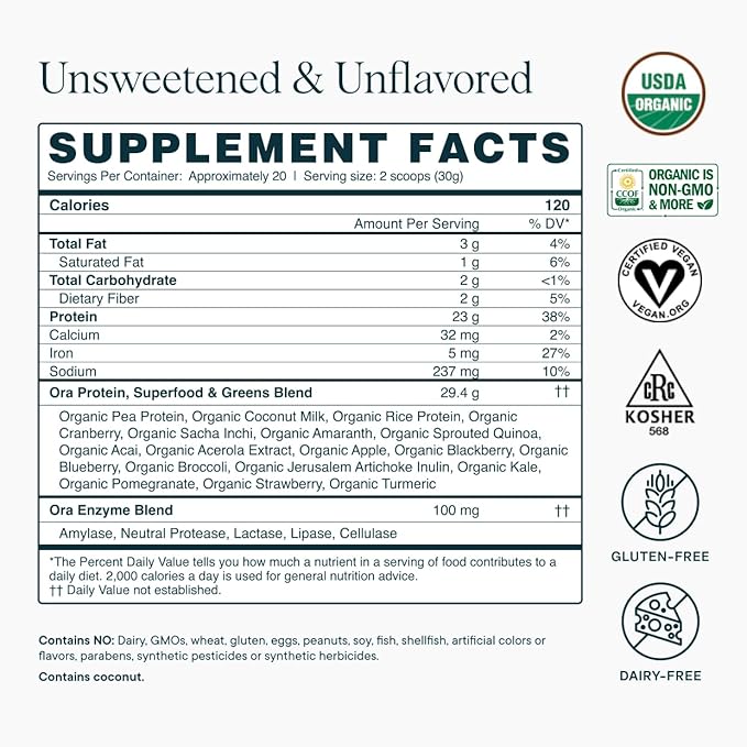 Ora Organic Vegan Protein Powder - 23g Plant Based Pea Protein + Superfood for Women and Men