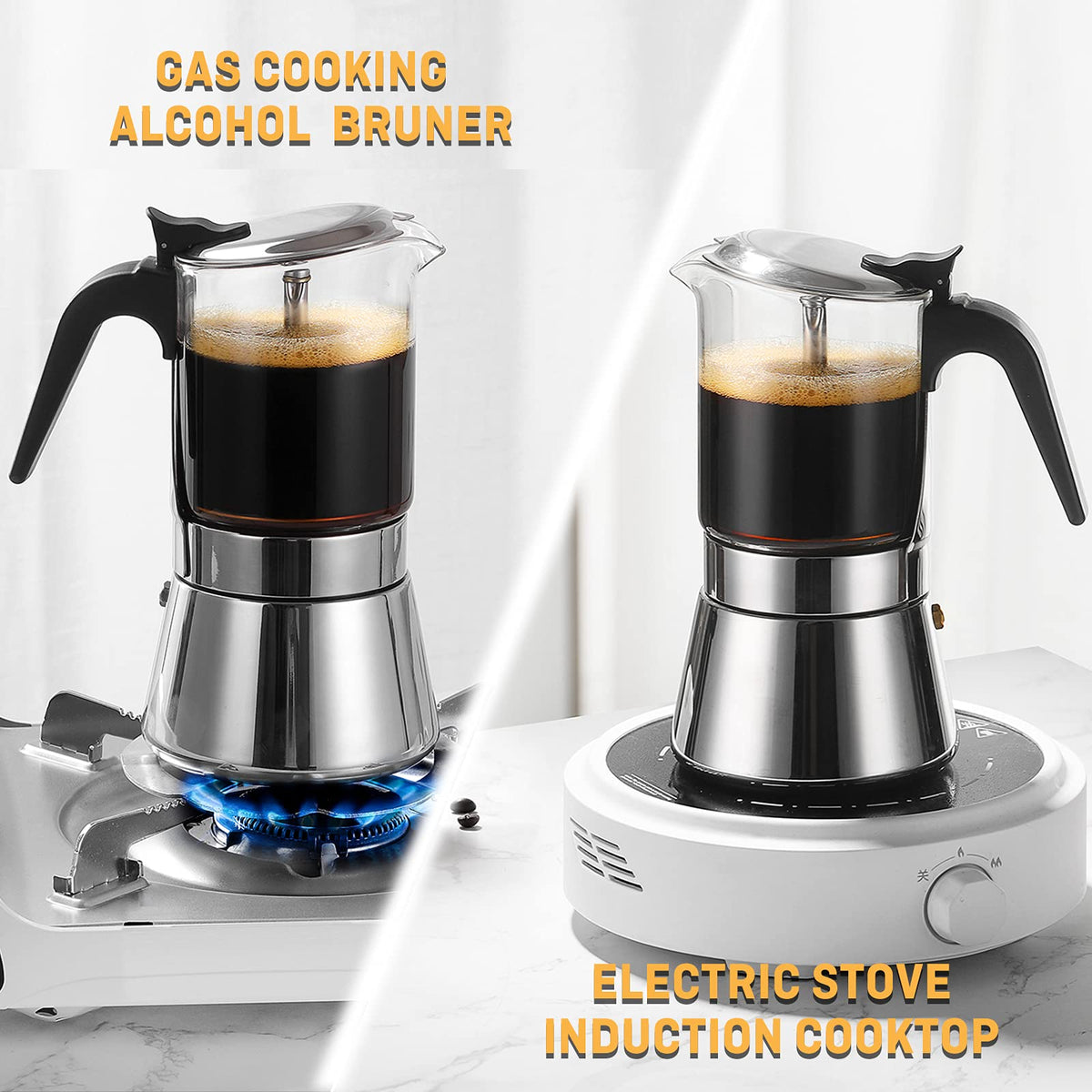 SIXAQUAE Induction Moka Pot, Crystal Glass-top & Stainless Steel Stovetop Espresso Maker,Classic