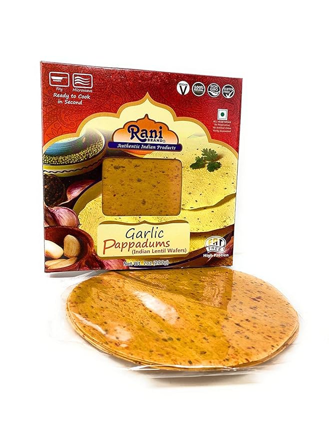 Rani Pappadums (Indian Lentil Wafer Snack) Garlic Papad 7oz (200g) Approximately 15pc, 7 inches