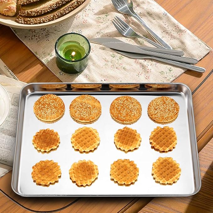 Baking Sheet Set of 2, Stainless Steel 2-Piece Cookie Sheet, Toaster Oven Baking Pan Set, Rectangle