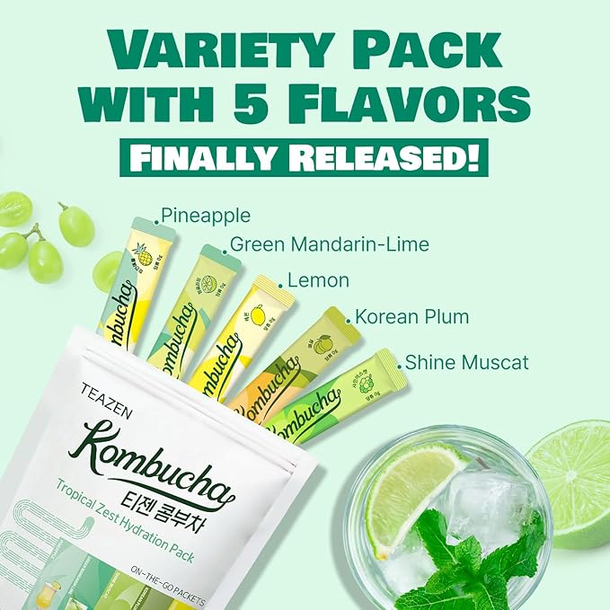 TEAZEN Kombucha Tea Tropical Zest Hydration Variety Pack - 20 Sticks, 5 Flavor (Lemon, Pineapple
