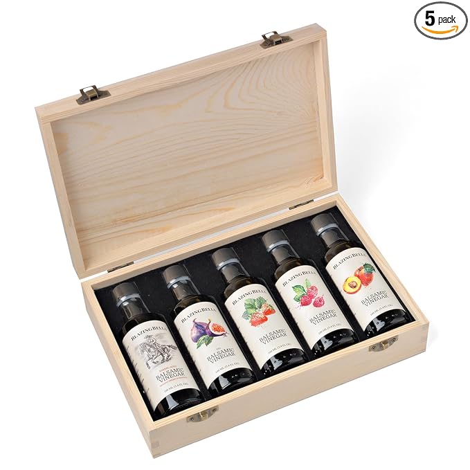 Blazing Bella Flavored Balsamic Vinegar Gift Set in Wood Box - Sampler of Five Remarkable Balsamic