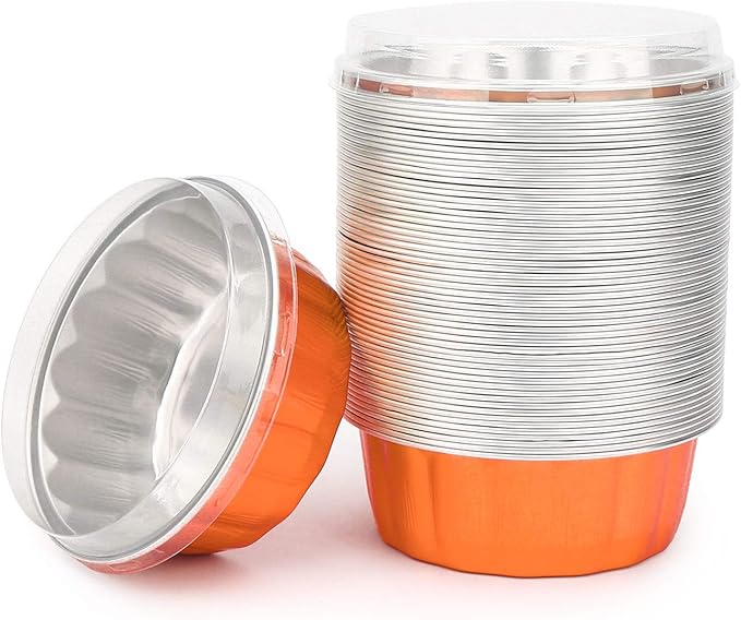 Beasea Disposable Ramekins for Baking, 8 oz 50 Pack Aluminum Foil Cups with Lids, Disposable Creme